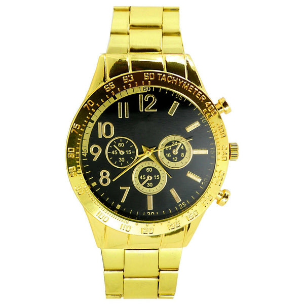 GENTS BUSINESS CHRONOGRAPH DESIGN DAYTONA BLACK DIAL GOLD BRACELET STEEL WATCH