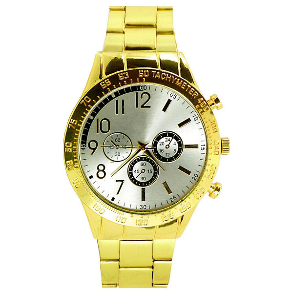 GENTS BUSINESS CHRONOGRAPH DESIGN DAYTONA SILVER DIAL GOLD BRACELET STEEL WATCH