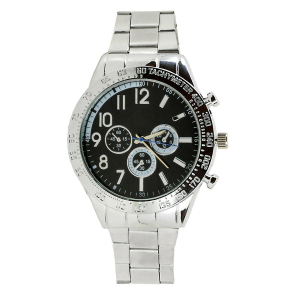 GENTS BUSINESS CHRONOGRAPH DESIGN DAYTONA BLACK DIAL SILVER BRACELET STEEL WATCH