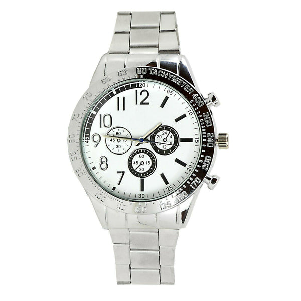 GENTS BUSINESS CHRONOGRAPH DESIGN DAYTONA WHITE DIAL SILVER BRACELET STEEL WATCH