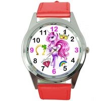 NEW UNICORN PONY RED LEATHER FILM MOVIE FAIRY TALE GIRL TV STEEL WATCH UK E4