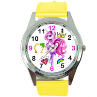NEW UNICORN PONY YELLOW LEATHER FILM MOVIE FAIRY TALE GIRL TV STEEL WATCH UK E4