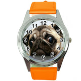 PUG DOG LOVER FRIEND Steel ORANGE LEATHER QUARTZ ANALOG WATCH UHR RELOJ