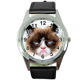 GRUMPY CAT PUSSY BAD DAY MOODY ANGRY KITTEN BLACK LEATHER FUNNY STEEL WATCH