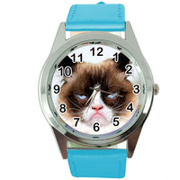GRUMPY CAT PUSSY BAD DAY MOODY ANGRY KITTEN BLUE LEATHER FUNNY STEEL WATCH