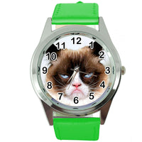 GRUMPY CAT PUSSY BAD DAY MOODY ANGRY KITTEN GREEN LEATHER FUNNY STEEL WATCH