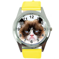 GRUMPY CAT PUSSY BAD DAY MOODY ANGRY KITTEN YELLOW LEATHER FUNNY STEEL WATCH