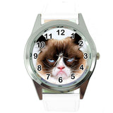 GRUMPY CAT PUSSY BAD DAY MOODY ANGRY KITTEN WHITE LEATHER FUNNY STEEL WATCH