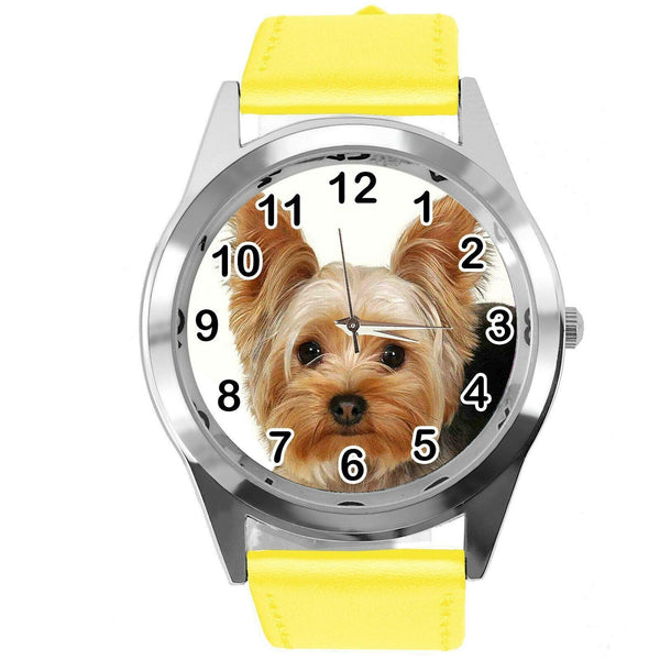 YORK YORKIE YORKSHIRE TERRIER PUPPY DOG LOVER Steel YELLOW LEATHER QUARTZ WATCH