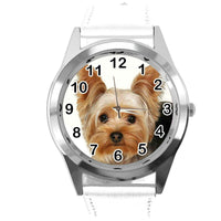 YORK YORKIE YORKSHIRE TERRIER PUPPY DOG LOVER Steel WHITE LEATHER QUARTZ WATCH
