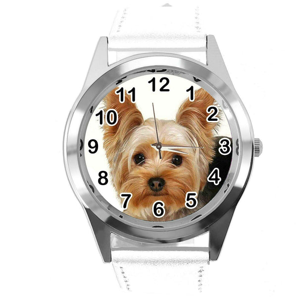 YORK YORKIE YORKSHIRE TERRIER PUPPY DOG LOVER Steel WHITE LEATHER QUARTZ WATCH