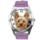 YORK YORKIE YORKSHIRE TERRIER PUPPY DOG LOVER Steel PURPLE LEATHER QUARTZ WATCH