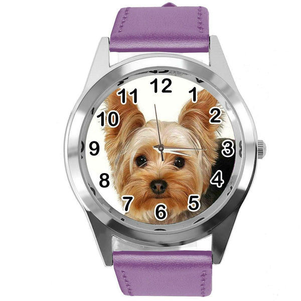 YORK YORKIE YORKSHIRE TERRIER PUPPY DOG LOVER Steel PURPLE LEATHER QUARTZ WATCH