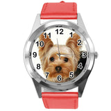 YORK YORKIE YORKSHIRE TERRIER PUPPY DOG LOVER Steel RED LEATHER QUARTZ WATCH