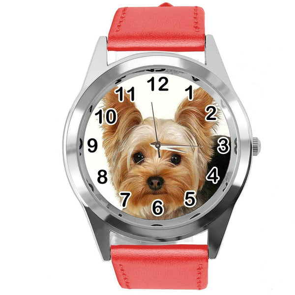 YORK YORKIE YORKSHIRE TERRIER PUPPY DOG LOVER Steel RED LEATHER QUARTZ WATCH
