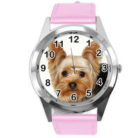 YORK YORKIE YORKSHIRE TERRIER PUPPY DOG LOVER Steel PINK LEATHER QUARTZ WATCH