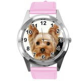 YORK YORKIE YORKSHIRE TERRIER PUPPY DOG LOVER Steel PINK LEATHER QUARTZ WATCH