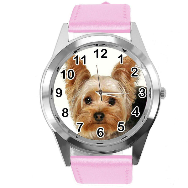 YORK YORKIE YORKSHIRE TERRIER PUPPY DOG LOVER Steel PINK LEATHER QUARTZ WATCH