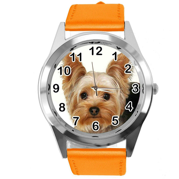 YORK YORKIE YORKSHIRE TERRIER PUPPY DOG LOVER Steel ORANGE LEATHER QUARTZ WATCH