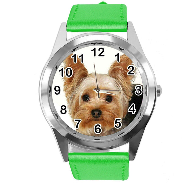 YORK YORKIE YORKSHIRE TERRIER PUPPY DOG LOVER Steel GREEN LEATHER QUARTZ WATCH