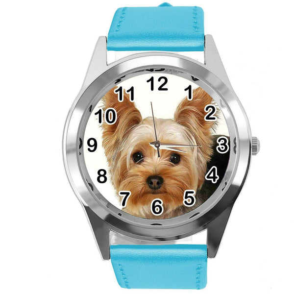 YORK YORKIE YORKSHIRE TERRIER PUPPY DOG LOVER Steel BLUE LEATHER QUARTZ WATCH
