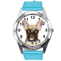 FRENCH BULLDOG FRENCHIE PUPPY DOG LOVER Steel BLUE LEATHER QUARTZ STEEL WATCH