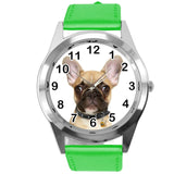 FRENCH BULLDOG FRENCHIE PUPPY DOG LOVER Steel GREEN LEATHER QUARTZ STEEL WATCH
