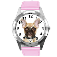 FRENCH BULLDOG FRENCHIE PUPPY DOG LOVER Steel PINK LEATHER QUARTZ STEEL WATCH
