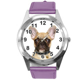 FRENCH BULLDOG FRENCHIE PUPPY DOG LOVER Steel PURPLE LEATHER QUARTZ STEEL WATCH