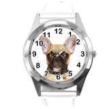 FRENCH BULLDOG FRENCHIE PUPPY DOG LOVER Steel WHITE LEATHER QUARTZ STEEL WATCH