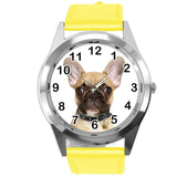 FRENCH BULLDOG FRENCHIE PUPPY DOG LOVER Steel YELLOW LEATHER QUARTZ STEEL WATCH