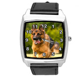 GERMAN SHEPHERD PUPPY DOG OWCZAREK Schaferhund BLACK LEATHER QUARTZ STEEL WATCH