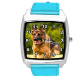 GERMAN SHEPHERD PUPPY DOG OWCZAREK Schaferhund BLUE LEATHER QUARTZ STEEL WATCH