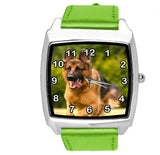 GERMAN SHEPHERD PUPPY DOG OWCZAREK Schaferhund GREEN LEATHER QUARTZ STEEL WATCH