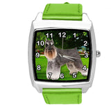 SCHNAUZER PUPPY DOG SZNAUCER GREEN LEATHER QUARTZ STEEL PET WATCH UHR RELOJ