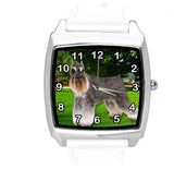 SCHNAUZER PUPPY DOG SZNAUCER WHITE LEATHER QUARTZ STEEL PET WATCH UHR RELOJ