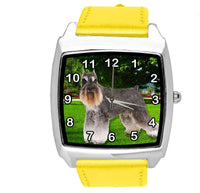SCHNAUZER PUPPY DOG SZNAUCER YELLOW LEATHER QUARTZ STEEL PET WATCH UHR RELOJ