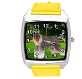 SCHNAUZER PUPPY DOG SZNAUCER YELLOW LEATHER QUARTZ STEEL PET WATCH UHR RELOJ