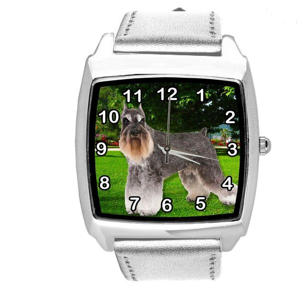 SCHNAUZER PUPPY DOG SZNAUCER SILVER LEATHER QUARTZ STEEL PET WATCH UHR RELOJ