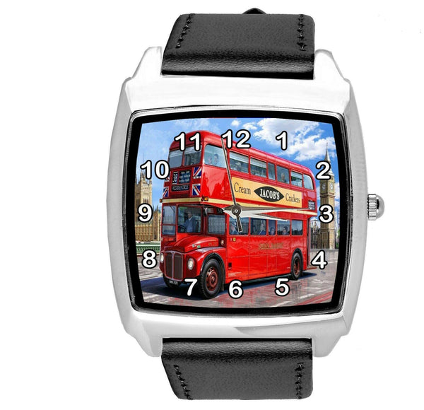 BLACK LEATHER LONDON BUS BRIDGE BIG BEN BRITAIN souvenir GIFT DVD SQUARE WATCH