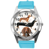 DACHSHUND SAUSAGE DOG PUPPY BADGER WEINER DOG LOVER BLUE LEATHER QUARTZ WATCH