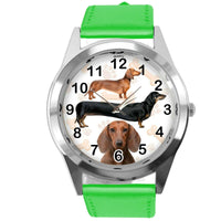 DACHSHUND SAUSAGE DOG PUPPY BADGER WEINER DOG LOVER GREEN LEATHER QUARTZ WATCH