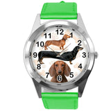 DACHSHUND SAUSAGE DOG PUPPY BADGER WEINER DOG LOVER GREEN LEATHER QUARTZ WATCH