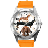 DACHSHUND SAUSAGE DOG PUPPY BADGER WEINER DOG LOVER ORANGE LEATHER QUARTZ WATCH