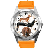 DACHSHUND SAUSAGE DOG PUPPY BADGER WEINER DOG LOVER ORANGE LEATHER QUARTZ WATCH