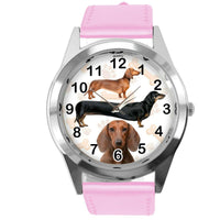 DACHSHUND SAUSAGE DOG PUPPY BADGER WEINER DOG LOVER PINK LEATHER QUARTZ WATCH