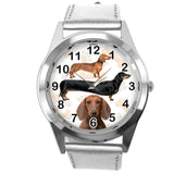 DACHSHUND SAUSAGE DOG PUPPY BADGER WEINER DOG LOVER SILVER LEATHER QUARTZ WATCH