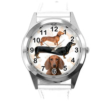 DACHSHUND SAUSAGE DOG PUPPY BADGER WEINER DOG LOVER WHITE LEATHER QUARTZ WATCH