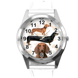 DACHSHUND SAUSAGE DOG PUPPY BADGER WEINER DOG LOVER WHITE LEATHER QUARTZ WATCH