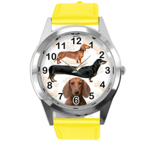 DACHSHUND SAUSAGE DOG PUPPY BADGER WEINER DOG LOVER YELLOW LEATHER QUARTZ WATCH